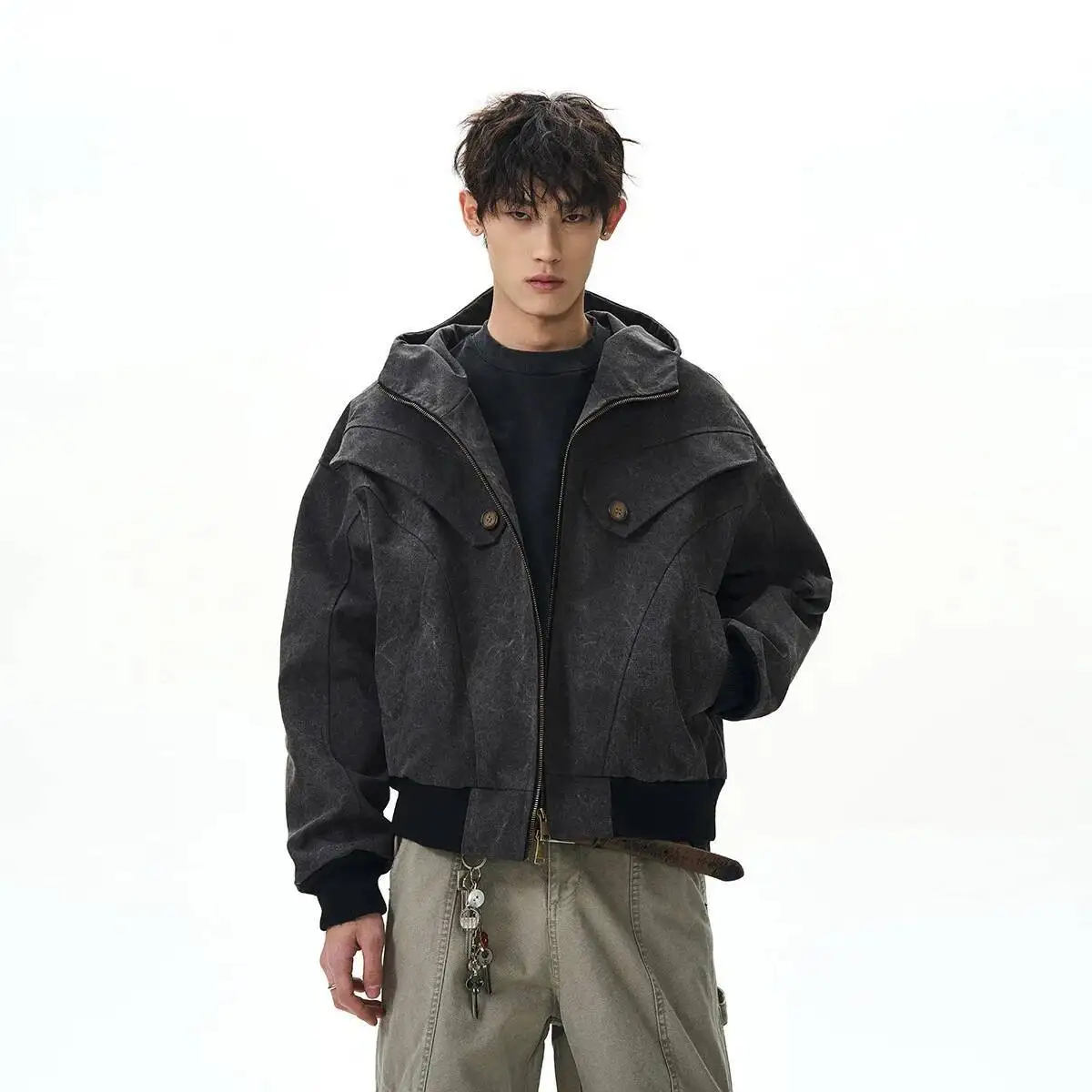 Man Women Jacket Unisex Hooded Jacket Eagle Fur Collar Short Workwear Cargo Coat Outerwear With Trendy Retro Vibe