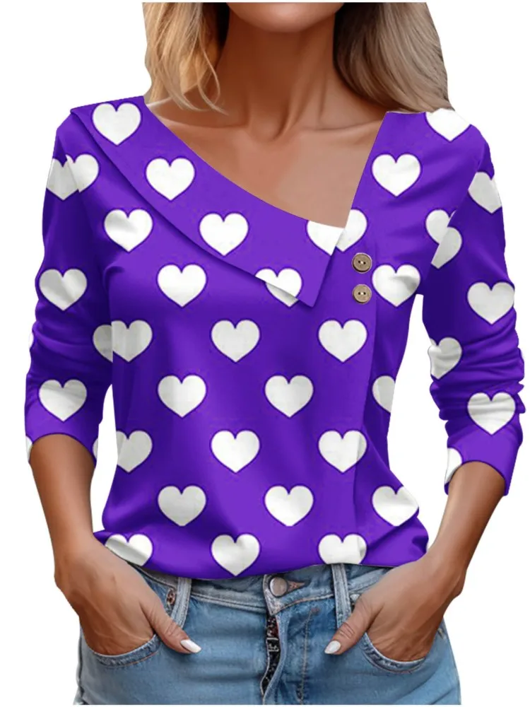 T Shirt For Women Fashion Long Sleeve Tops Heart Print Pulovers Elegant Shirts & Blouses Autumn Youthful Woman Clothes 2023