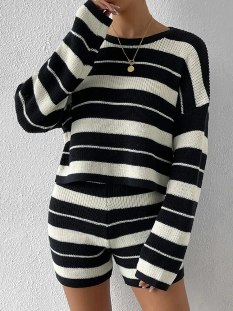 ByeMyLove Black White Stripe Shorts Sets Women Long Sleeve Pullover And Mini Shorts Stripe Outfits Autumn New Knit Sweater Sets