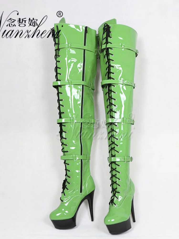 Fashion Sexy Round Toe 6Inches Stripper Heels Belt Buckle Lace Up 15cm Pole Dance Nightclub Exotic Dancer Boots Over The Knee