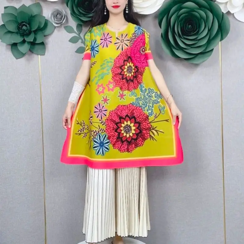 Chinese style pleated printed short-sleeved dress, summer new elegant  belly covering and thin mother medium and long dress