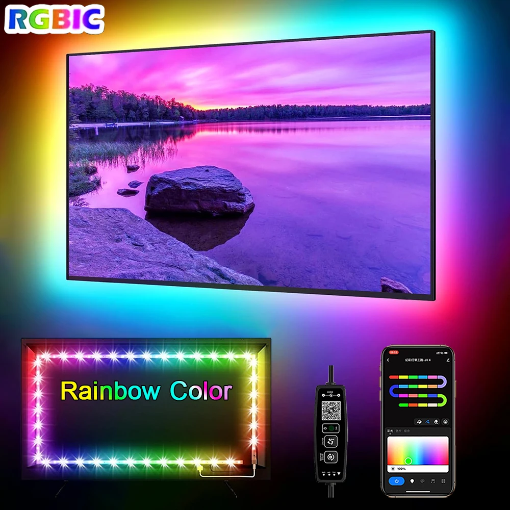 Led Lights for TV APP Control Music Sync RGBIC Rainbow Chasing Effect Led Strip Lights for TV Home Bedroom Gaming Decor Led Tape