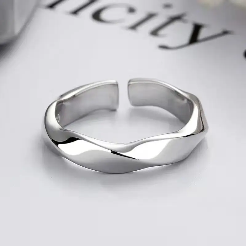 Twisted Open Ring - Silver Tone Stainless Steel, Smooth Polished Surface, Minimalist Wave Design, Adjustable Size Fashion Finger