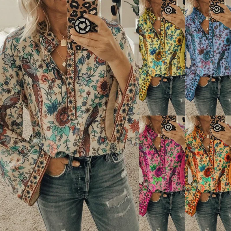 

Vintage Blouse Summer Women V Neck Long Flare Sleeve Floral Print Shirts Casual Female Loose Blouse Y2k Vintage Print Blusas