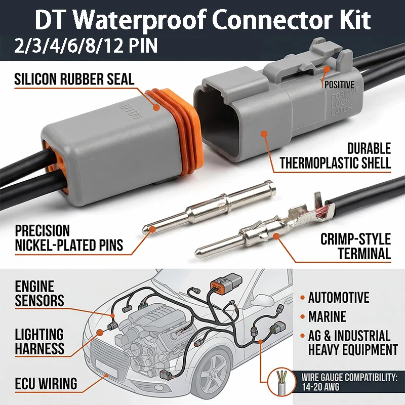 

1Set DT 2P/3P/4P/6P/8P/12 Pin 22-16AWG Waterproof Deutsch Connector deutch connectors Plug Kit DT06-2S DT04-2P DT04-3P