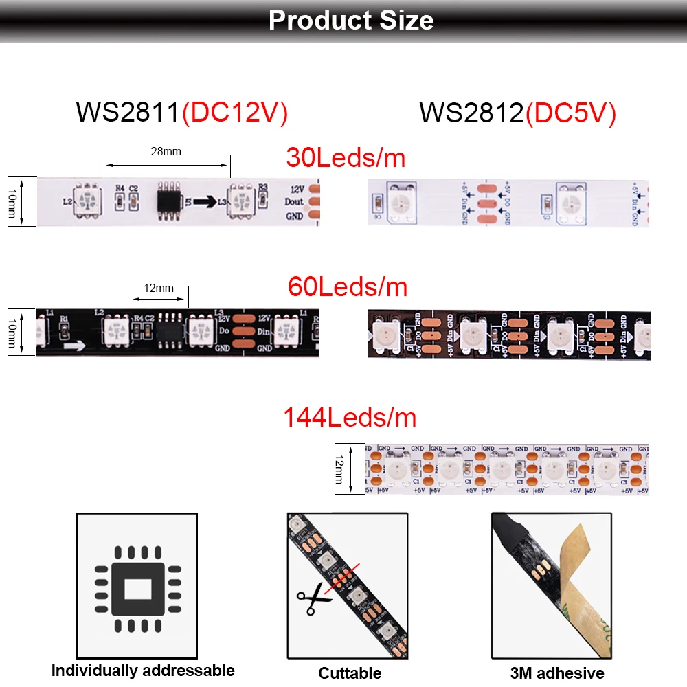 WS2812B WS2811 WS2815 WS2813 Smart Pixel RGB LED Strip WS2812 Individually Addressable 30/60/144 Leds/m Tape Light DC5V DC12V