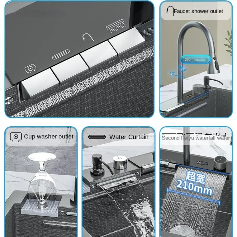 Waterfall Kitchen Sink with Multifunction Digital Display Faucet Stainless Steel Embossed Large Single Slot Kitchen Accessories