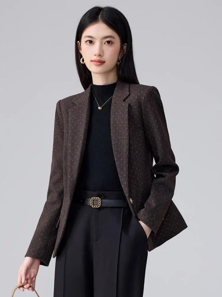 

Korean Women Grey Brown Blue Print Elegant Office Single Button Blazer Coat Autumn Winter Ladies Long Sleeve Short Jacket Trendy