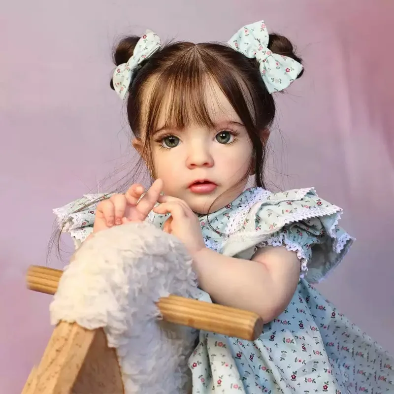 Handmade 24in Reborn Baby Girl Doll Long Brown Hair Buns Floral Dress Cloth Body Soft Vinyl Newborn Toy Princess Gift