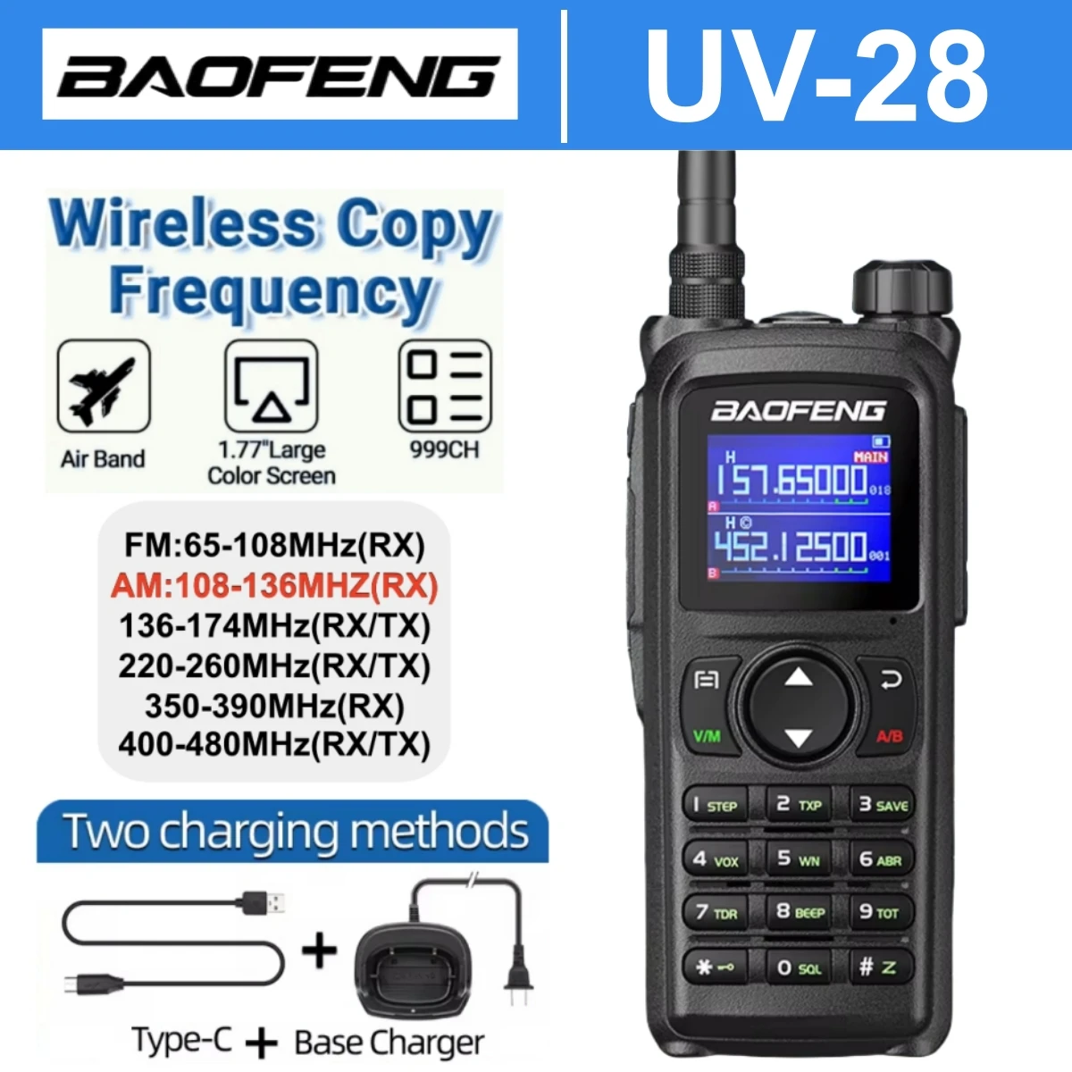 

Baofeng Uv-28 Long Range Walkie Talkies Noaa Wireless Copy Frequency Multi Band Type-C Charger Wireless Set Camping Ham Radio