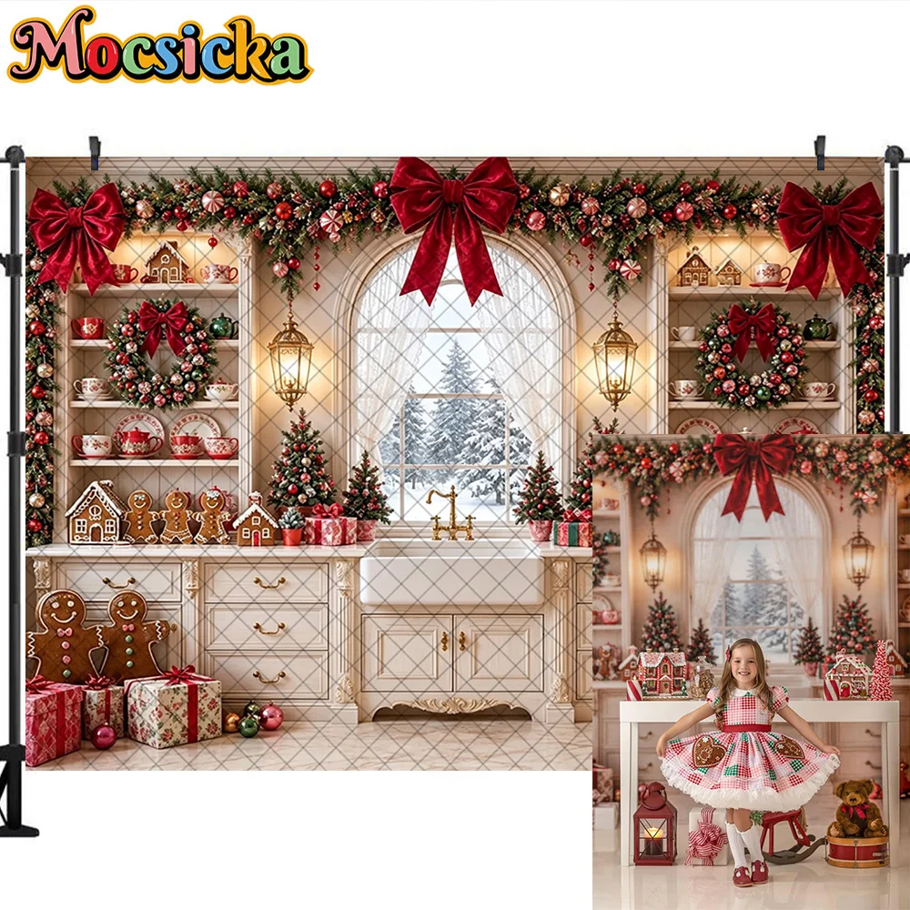 Mocsicka Christmas Gingerbread Kitchen Backdrop Window Xmas Bow Wreath Kids Portrait Photography Background Photo Booth Decor