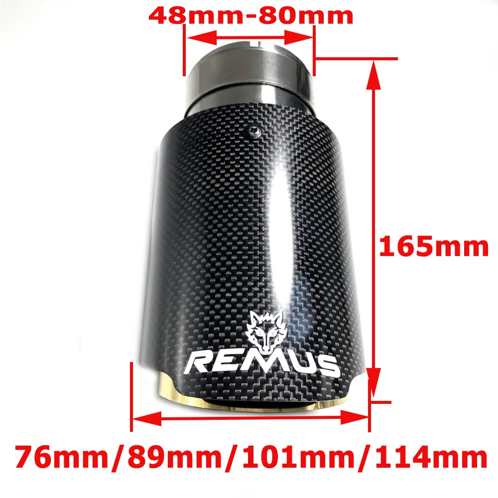 1PCS Remus Carbon Fiber + Golden Chrome Stainless Steel Car Exhaust Tip Single End Pipe Modification Muffler For Auto Cars