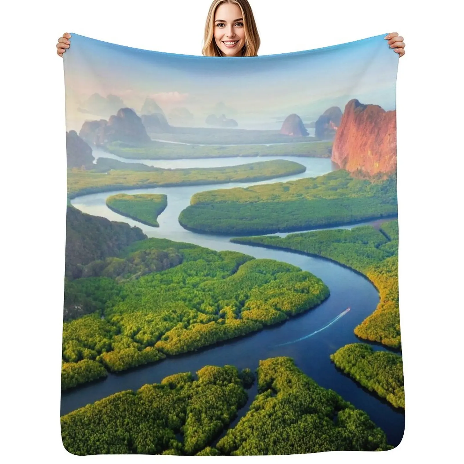 Aerial view of Phang-Nga-bay in Thailand - drone Throw Blanket Flannel Fleece Soft Warm Throw Blanket