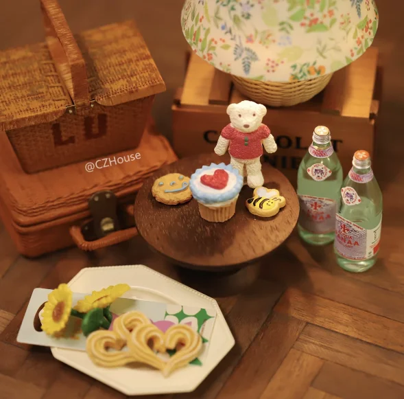 1/6 Scale Miniature Dessert Collection: Heart Cake, Churros, Smile Cookies Soda Bottle & Tiny Bear for BJD Dollhouse Party Scene