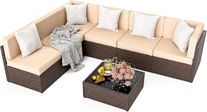 

Patio Furniture Set, 7 Pieces Modular Outdoor Sectional, Patio Sectional Sofa Conversation Set, Rattan Sofa With Coffee