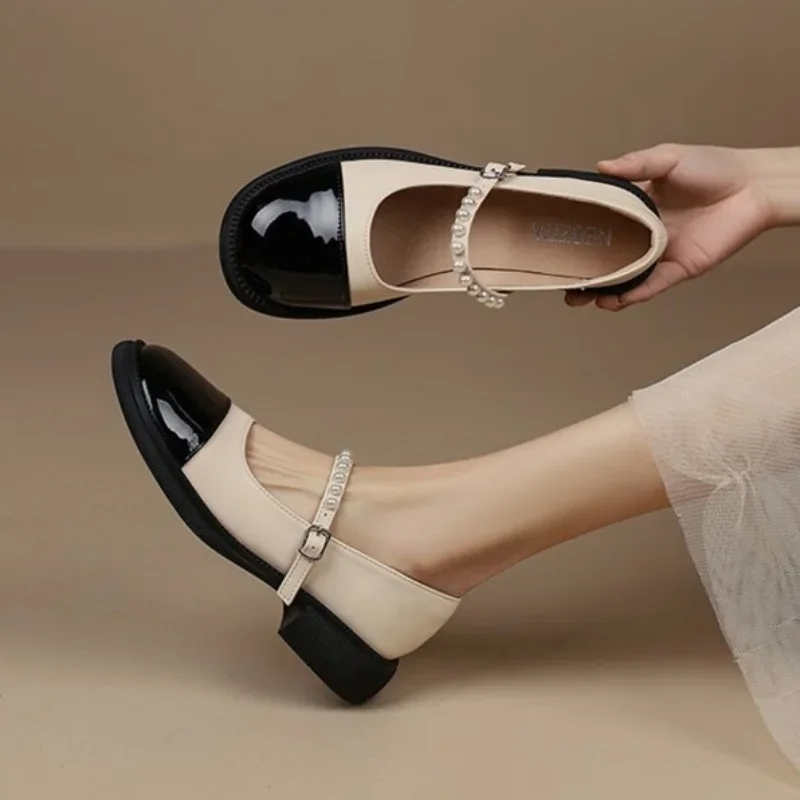 2024 Hot-selling Square Heel Color-blocked Beaded One-line Buckle Women's Heeled Single Shoes with Shallow Mouth and Versatile