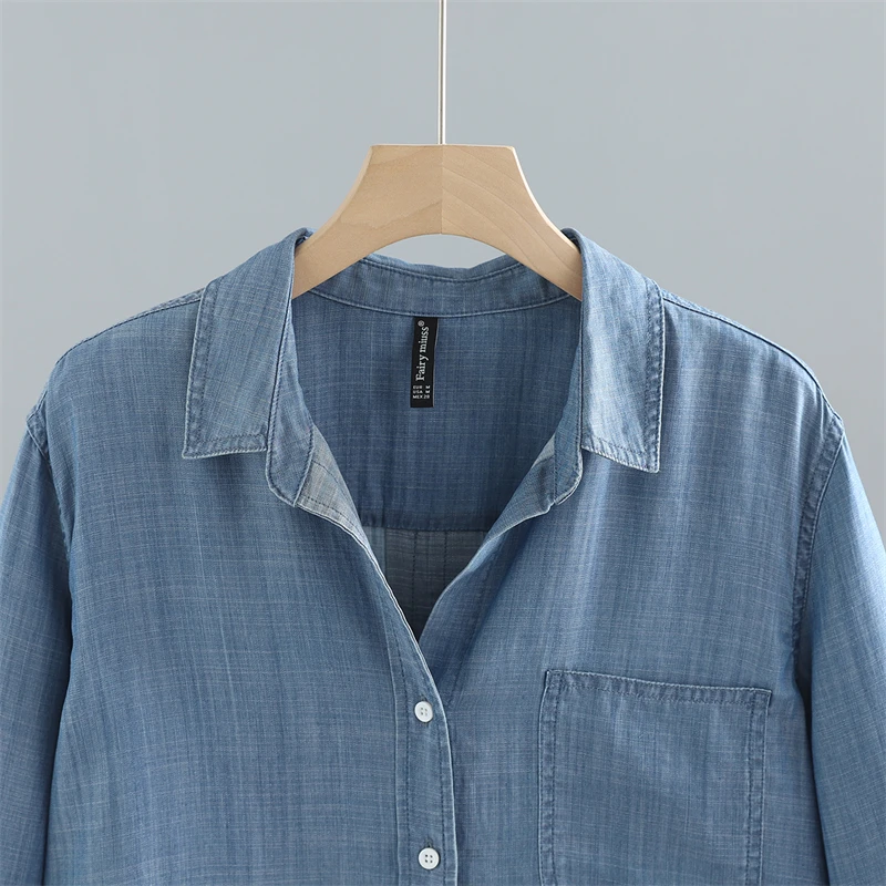 Women's Soft  Denim Shirt Spring Autumn Loose Casual Design Sense Blouse Button Pocket Regular Sleeve Pure Color