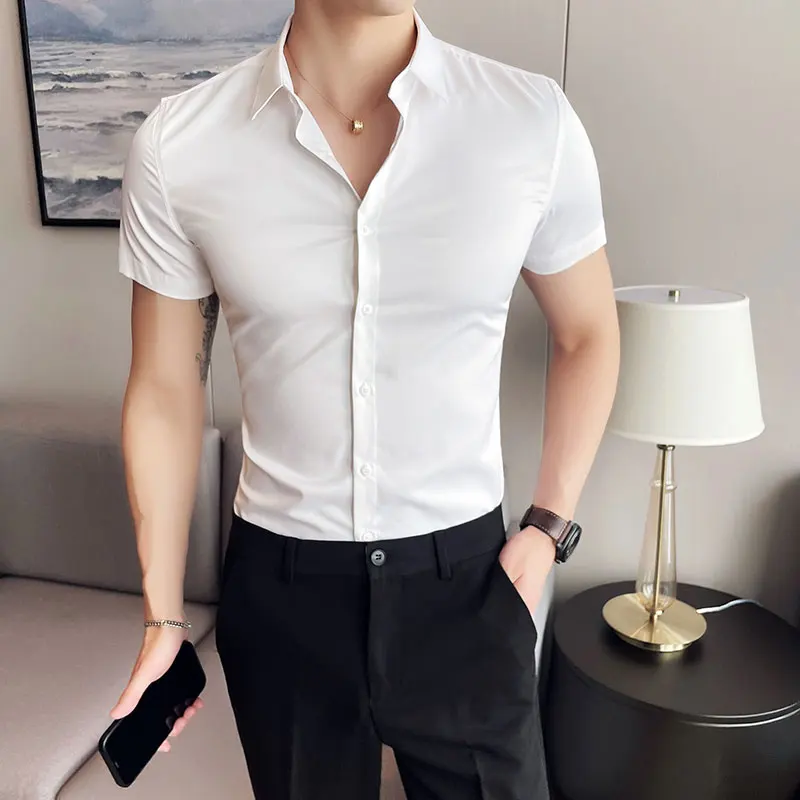 2023 Summer New Skinny Design White Shirt Men Causal Basic Short Sleeve Button Blouse Classical Tops