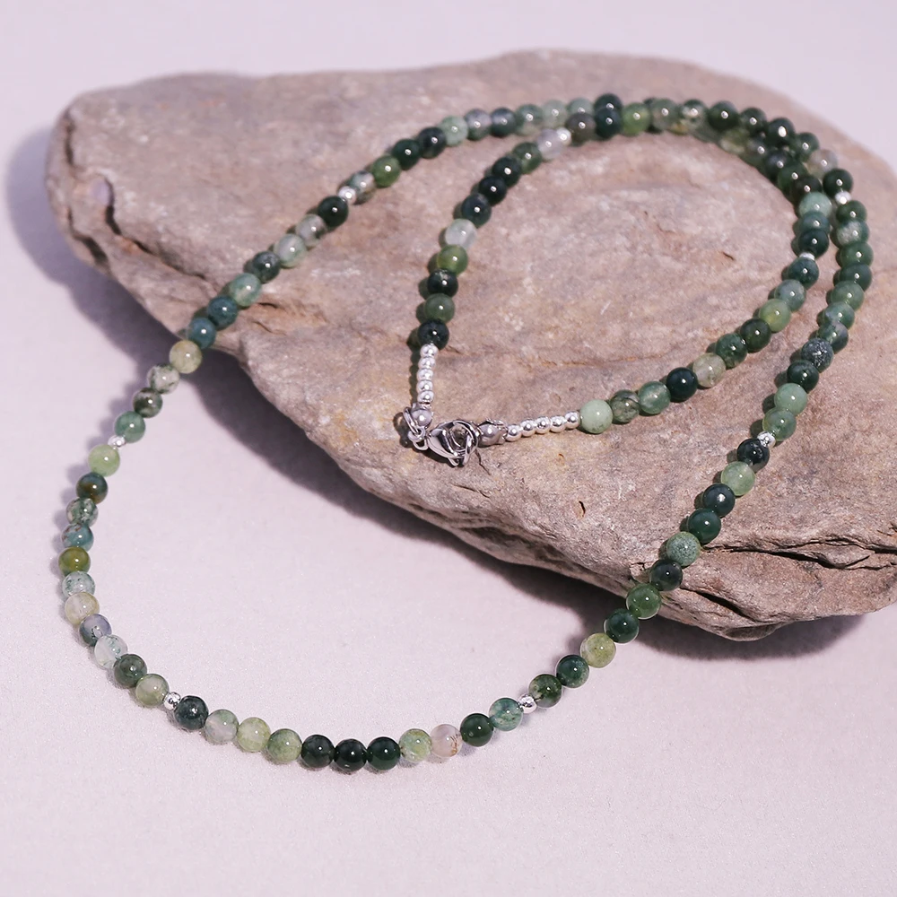 1pcs Hot-selling natural stone green 4mm round bead aquatic agate beaded necklace as a gift.
