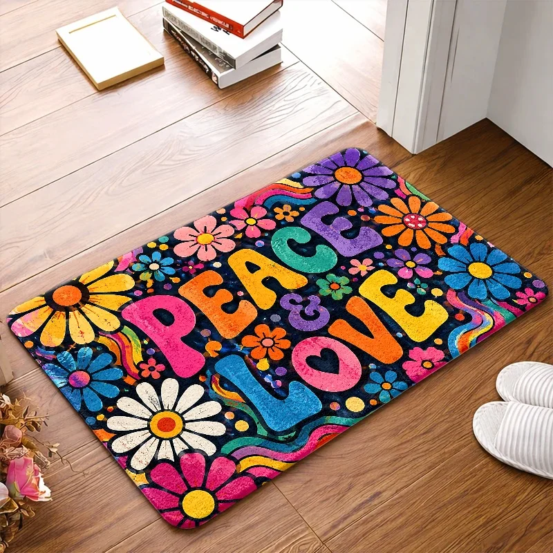 2D Flat Vintage Hippie Peace And Love Floral Print Floor Mat, Durable Machine‑washable Floor Decor, Ornament for Living Room