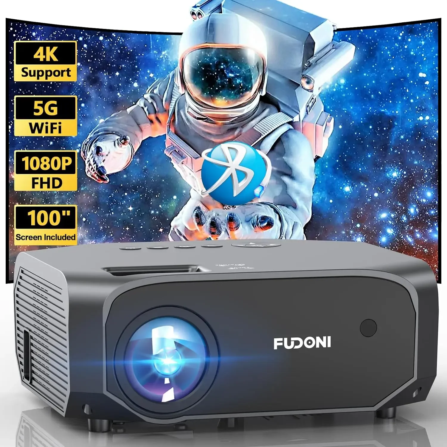 FUDONI Projector with 5G WiFi and Bluetooth, 12000L Outdoor Movie Projector Native 1080P 4k Supported, Portable Projector