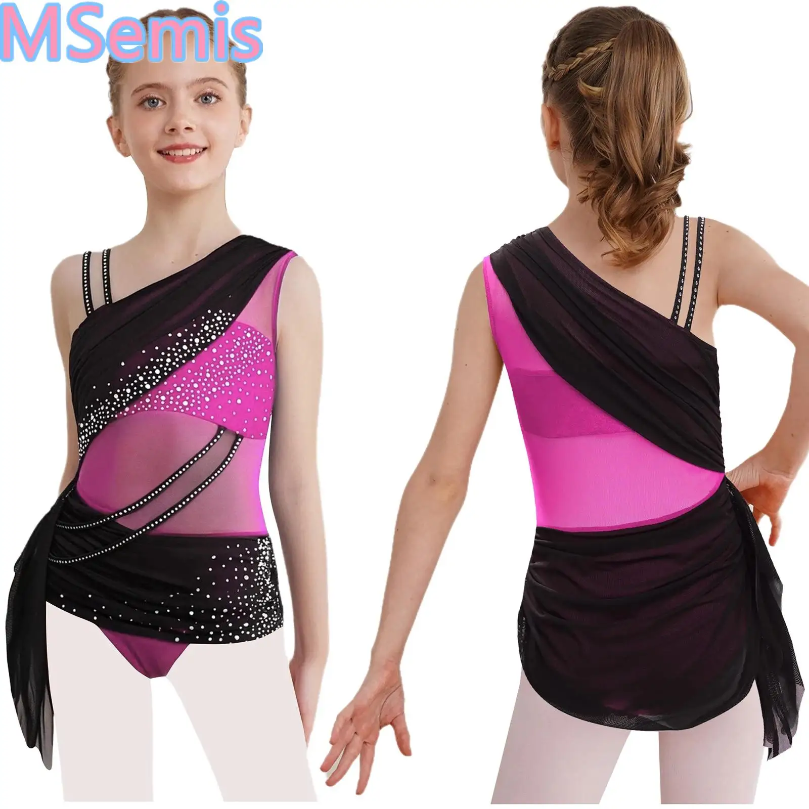 

Kids Girls Lyrical Dance Leotard Color Block Leotard Sheer Mesh Ruched Overlay Asymmetrical Glittery Rhinestones Dress Dancewear