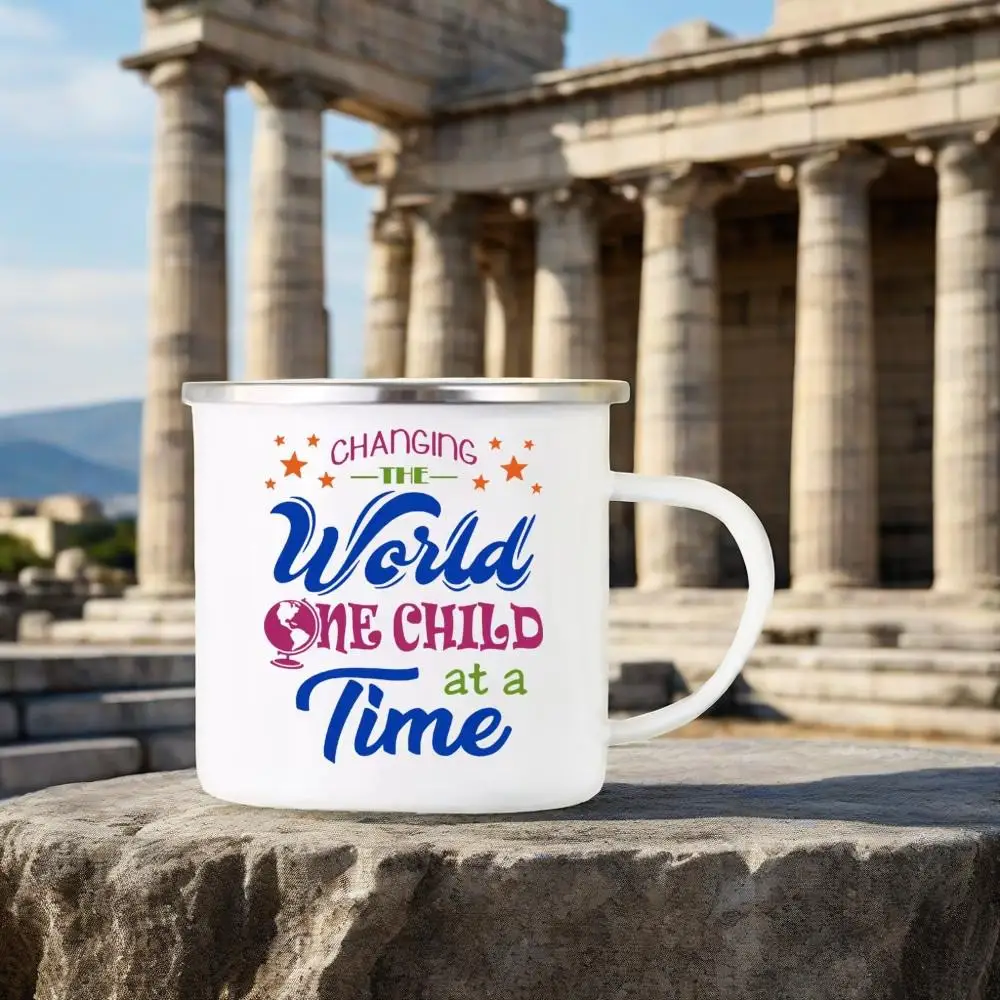 

Учителя можно изменить мир, кружка с принтом земли, эмалированная кофейная кружка, креативные чашки для воды, ручка, чашка для напитков, молока, кружки, подарки для учителя