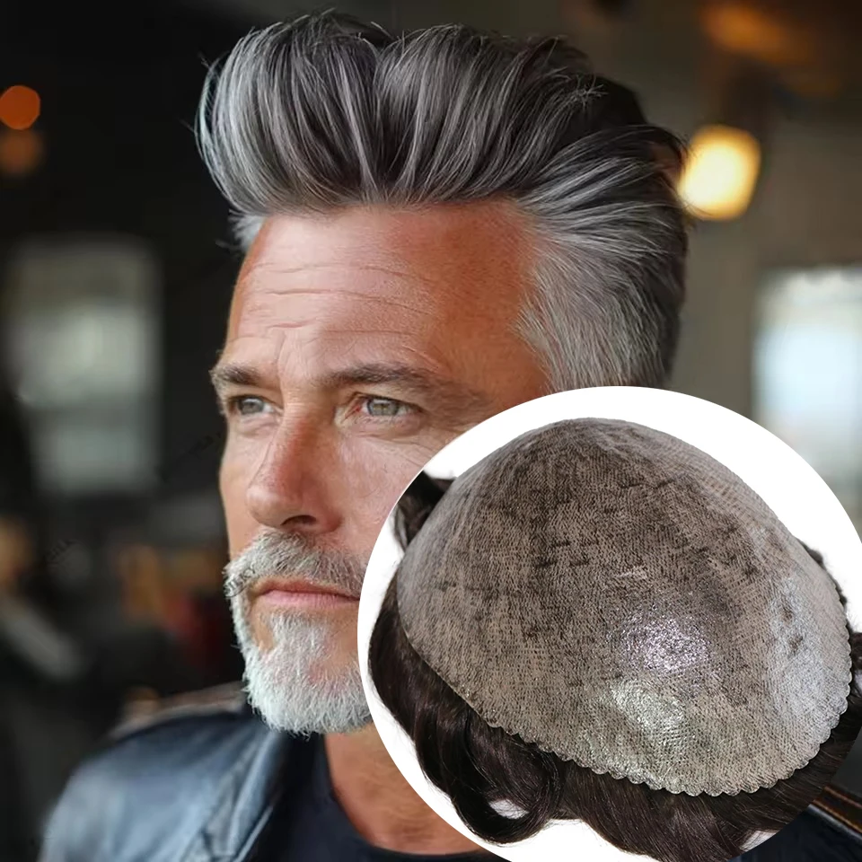 

1B80 1B65 Серый Мужской Парик 100% Человеческие Волосы Темно-Коричневые Натуральные Волосы Прочная Микрокожа PUUndetectable Capillar Prosthetic