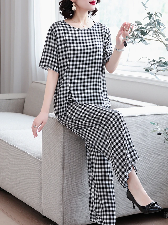 Summer Casual Style Plaid Cotton Silk Set Women's Split Wide Leg Pants Outwear Suitable for Older Women And Mothers Sleepwear