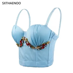 Women New Fashion Clothes Sexy Sleeveless Colourful Rhinestone Bustier Push Up Night Club Bralette Bra Cropped Top Vest Corset