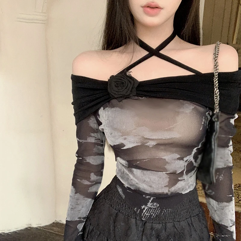 Mesh Sunscreen Slim Sexy Fashion Tie-Dye Irregular Off Shoulder Halter Bandage Korean Version Sun Protection Women\'s Crop Top