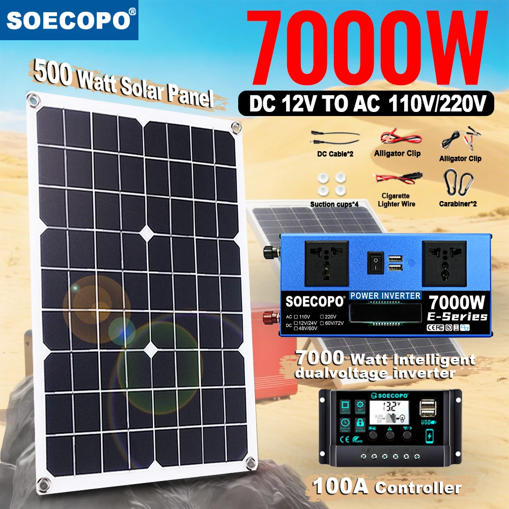 

SOECOPO 7000W Dual Socket Solar Power System Home Kit 500W Solar Panel 100A Controller DC 12V to AC 110V/220V Inverter Camping