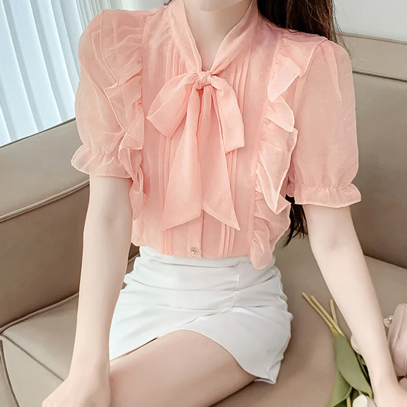 Sweet Ruffles Thin Shirt Tops Bow Short Sleeve Chiffon Pleated Youth All-match Blouse Summer Fashion Temperament Women Clothing