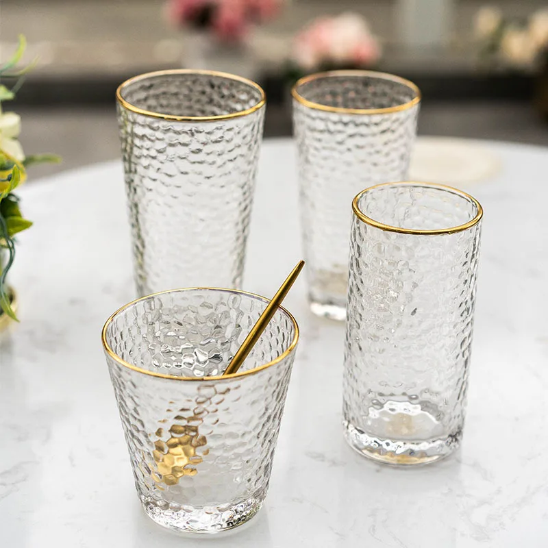 Transparent Glass Water Cup for Women Drinkware Heat-resistant Transparent Gold Edged Tea Cup Household Hammer Pattern Glass Cup