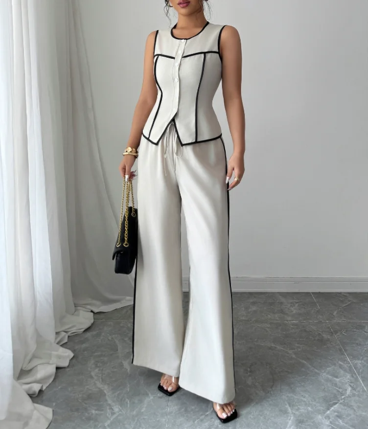 새로운 여성 우아한 버튼 조끼 & 와이드 레그 팬츠 세트, 여성 여름 패션 투피스 캐주얼 세트