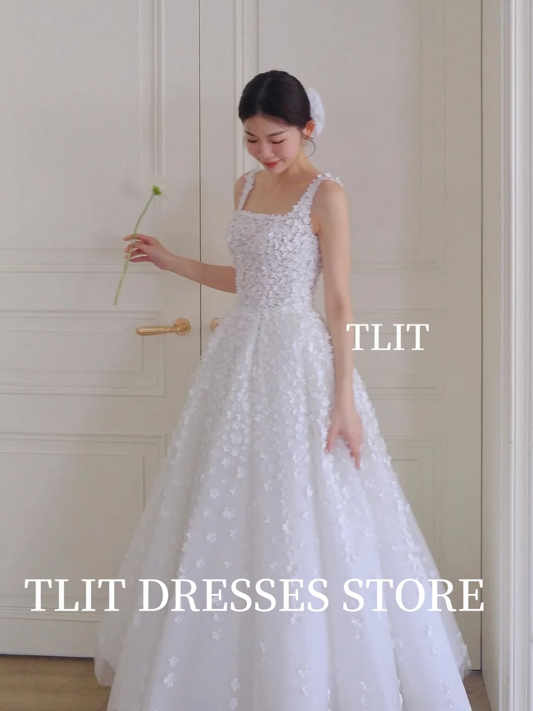 فستان زفاف TLIT أنيق أبيض على شكل حرف a مزين بالزهور وحزام سباغيتي زي العرائس فستان زفاف كوري صور تبادل لاطلاق النار حسب الطلب