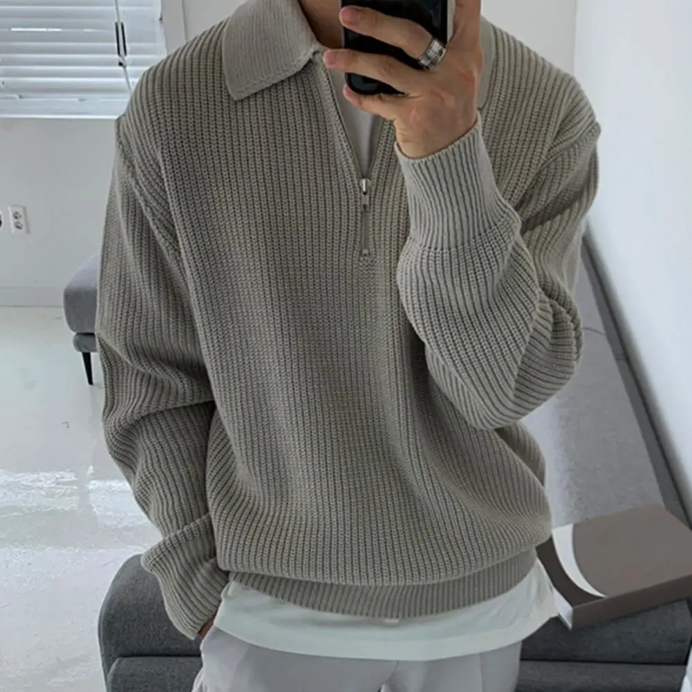 Men Sweater Men\'s Fall Winter Lapel Sweater Knitted Zipper Pullover Soft Warm Mid Length Casual Sweater for Men Lightweight Men