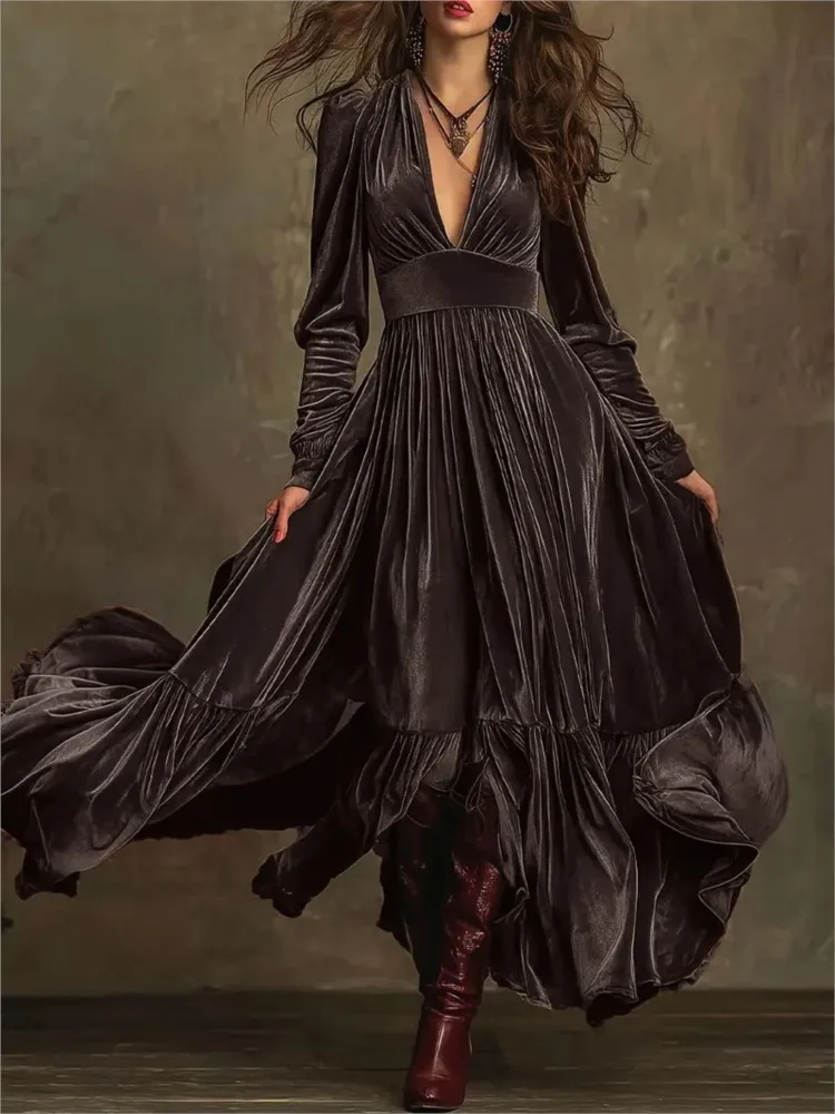 Nuevo vestido Retro plisado de terciopelo de cintura alta para mujer, vestido largo sexi con escote en V profundo, vestido largo holgado de manga larga para Otoño e Invierno