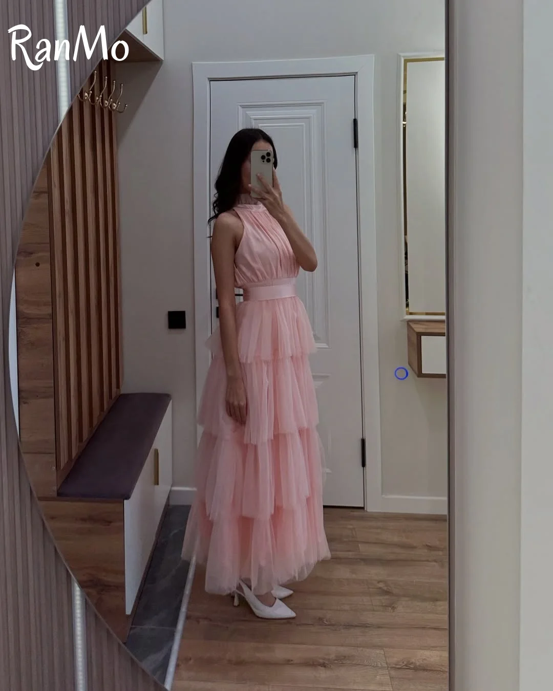 Ranmo Elegant Halter ชุดราตรีสีชมพูสาย Soft Tulle ชุดราตรีชาความยาวซิปด้านหลัง فساتة รัดตัวที่กําหนดเอง 2025