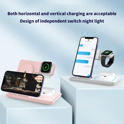 New 3-in-1 magnetic wireless charging stand for desktop with 15W fast charging for mobile phones, headphones and watches