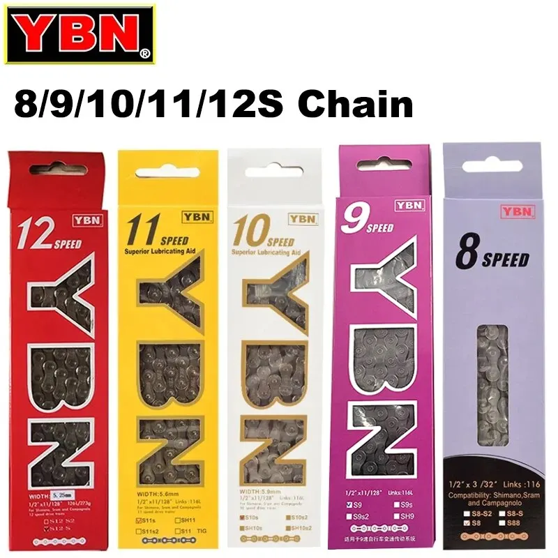 YBN 8/9/10/11/12S Catena MTB Mountain Road Bike Catene 8 9 10 11 12 Velocità Bicicletta cava Catena a maglia rapida per M6100 M7100