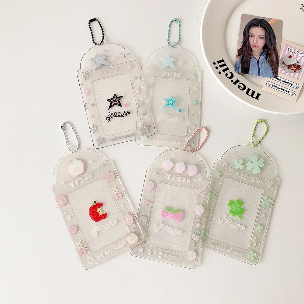 Summer Glitter Transparent 3‑Inch Cartoon Fruit Photocard Holder Student Meal Card Protective Pouch for Girls