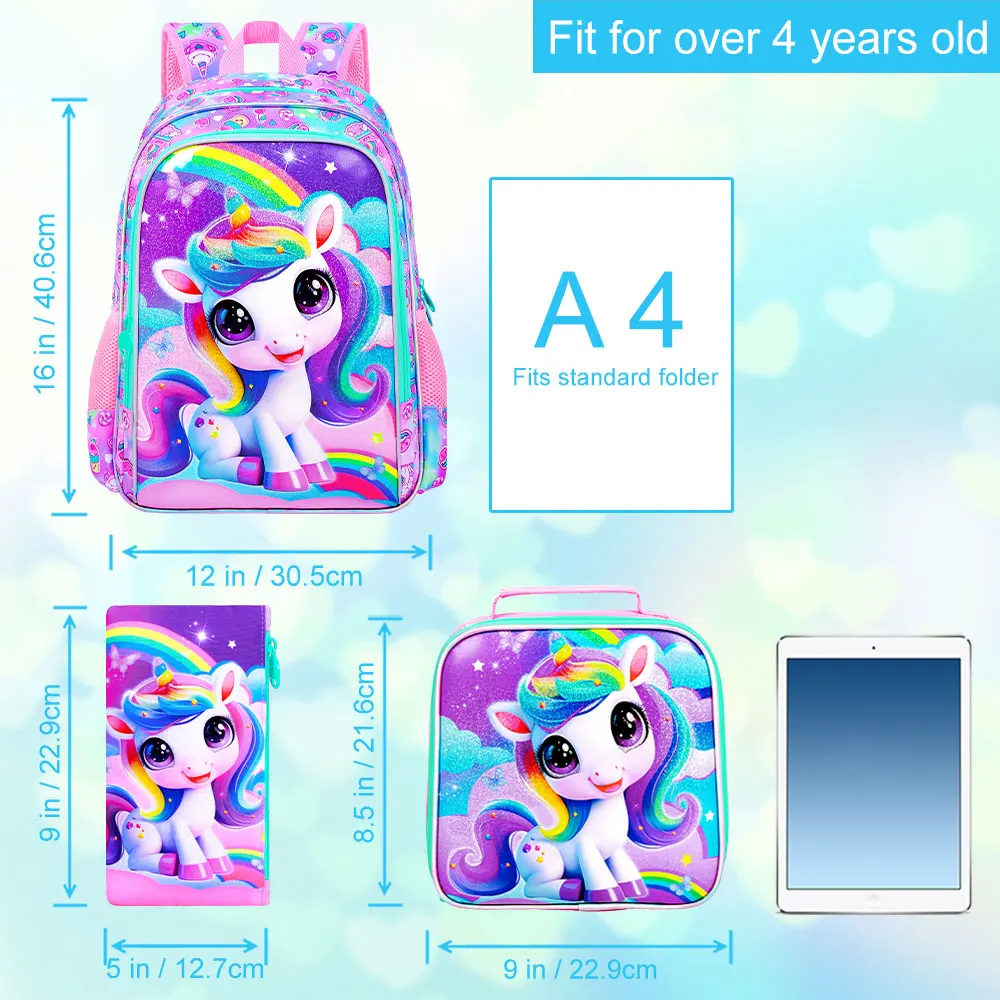 3 قطع حقائب ظهر للفتيات، حقيبة ظهر لطيفة على شكل وحيد القرن للأطفال الابتدائية مقاس 16 بوصة وحقائب كتب مدرسية لمرحلة ما قبل المدرسة وصندوق غداء #2