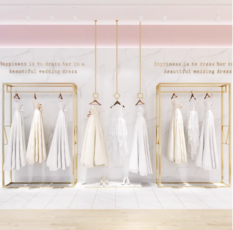 Dress display rack, photography studio, wedding dress shop, hanging clothes rack, evening dress show, and clothing display shelf