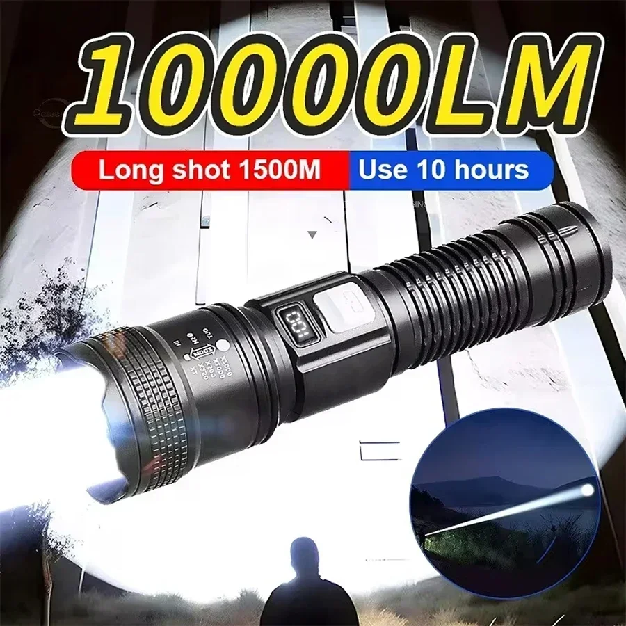 High LED Power Flashlights Military Tactical Rechargeable Flashlight Telescopic Zoom Torch Lamp for Outdoor Camping Fishing