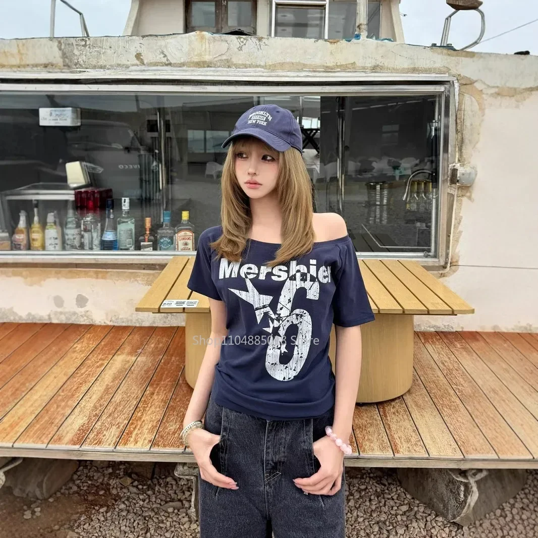 

American Style Spicy Girl Shoulder Bared Summer Slim Fit Cotton Polyester Blend Short Sleeve Crew Neck T-shirt for Women