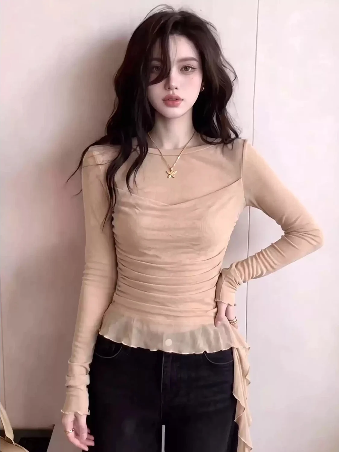 Korean Style Pure Desire Mesh Base Shirt Autumn Waist Cinching Wood Grain  Long Sleeve Atmosphere Sense Top Women's T-shirt