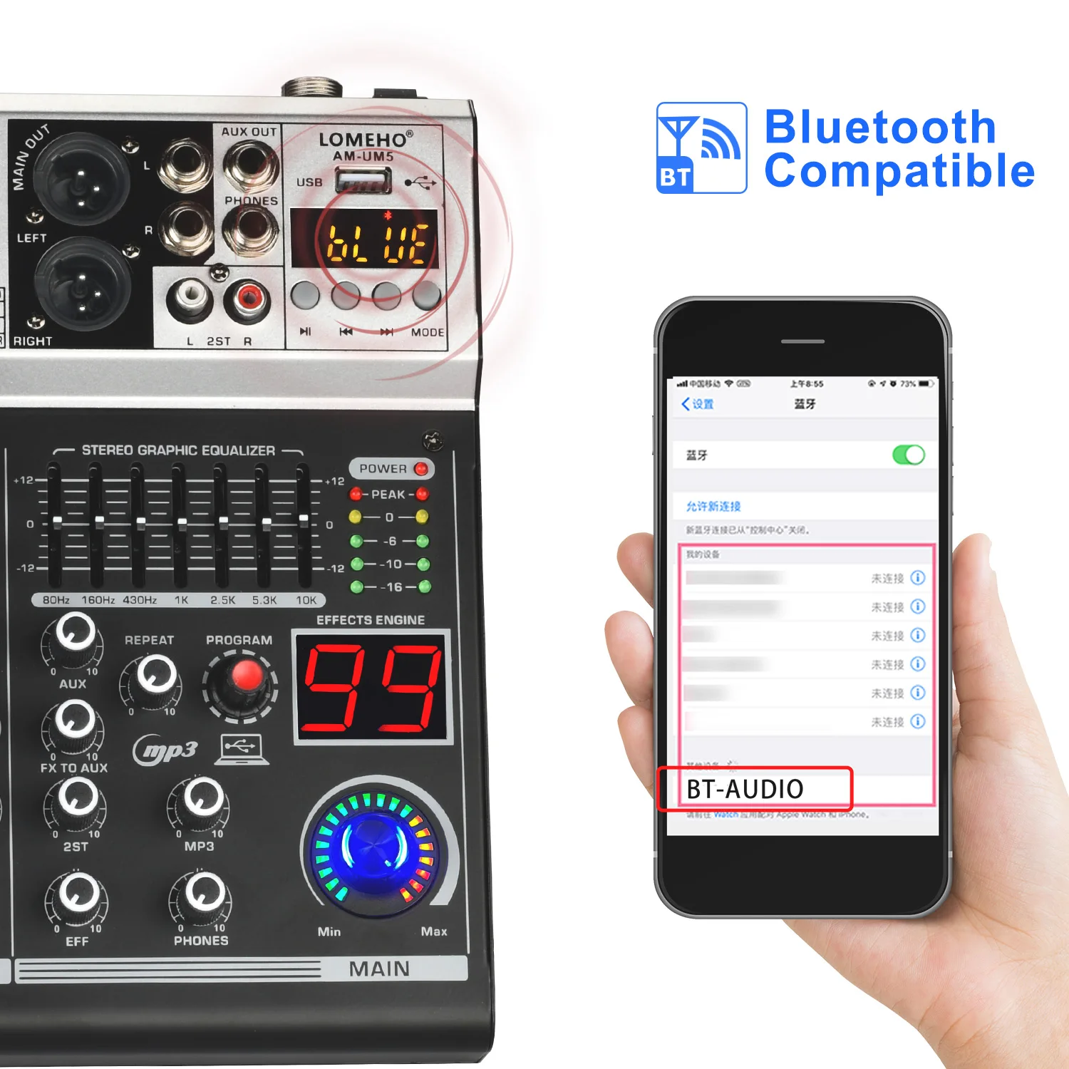 Imagem -04 - Channel Sound Mixer 48v 99 Dsp Effect Bluetooth Tabela de Áudio Usb pc Play Record Radio Broadcast Mixing Console Am-um5 Lomeho5