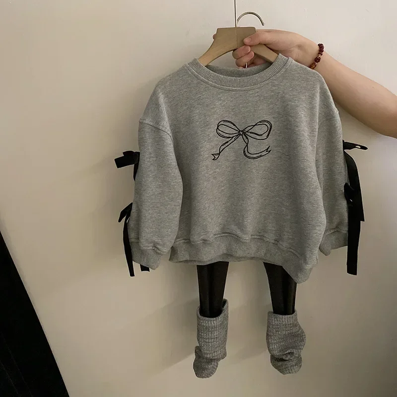 

Hoodies Korean Childrens Clothing Autumn New Girl Fashion Bow Sweater Versatile Color Blocking Leggings Causal Simple 2024