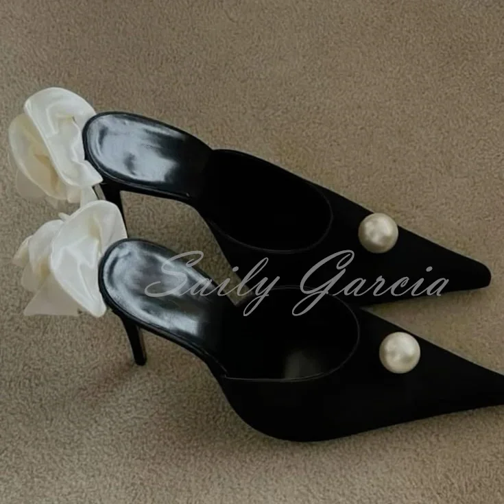 

Black Stain Super Pointy Toe Mules Women Elegant Pearl Decoration Stiletto Heel Slingback Solid Color Back Flower Slippers